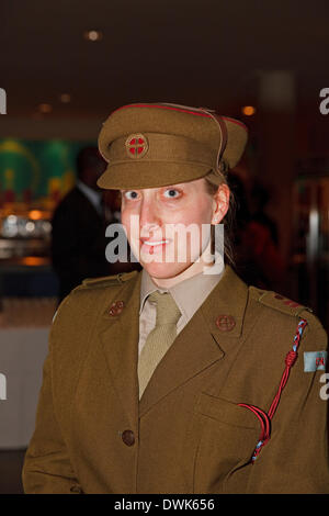 London, UK. 10th March 2014. Kate Molan dressed as a Fany  was at the International Women's Day celebrations at City Hall. Credit:  Keith Larby/Alamy Live News Stock Photo