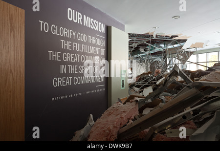Dry wall and other debris inside the Harvest Bible Chapel undergoing demolition in Oakville, Ontario, Canada. Stock Photo