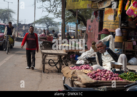 Agra, India. Vendor Selling Onions and Peppers in a Streetside Market. Stock Photo