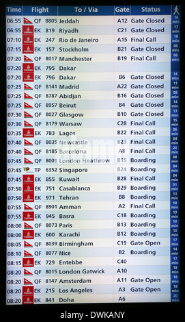 Flight board in Dubai airport, on February 18, 2014 in Dubai, UAE Stock Photo