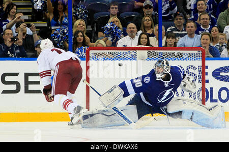 Tampa, Florida, USA. 10th Mar, 2014. Tampa Bay Lightning goalie BEN BISHOP (30) gets beat as Phoenix Coyotes right wing RADIM VRBATA (17) shoots and scores what goes on to be the winning goal in the shoot out as the Lightning are defeated with a final score of 4 to 3 at the Tampa Bay Times Forum. © Dirk Shadd/Tampa Bay Times/ZUMAPRESS.com/Alamy Live News Stock Photo