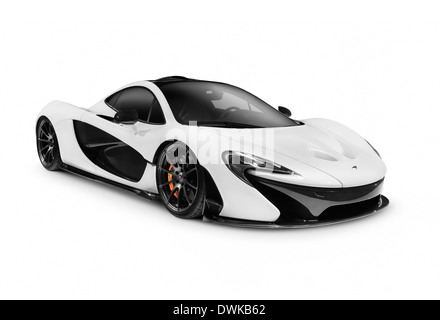 White 2014 McLaren P1 plug-in hybrid supercar isolated sports car on white background