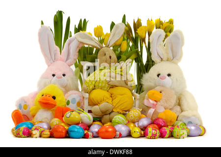 Easter decoration with eggs, bunnies, and flowers. Stock Photo