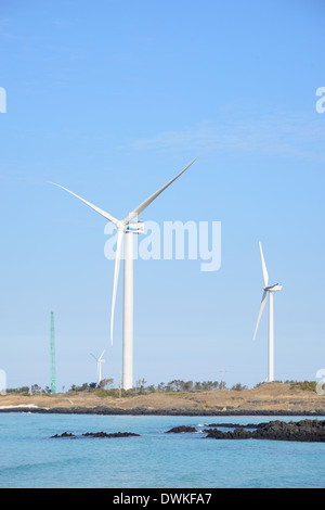 wind power generators in seaside, Jeju Island Stock Photo