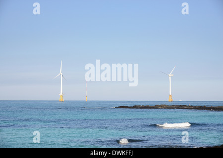 wind power generators in seaside, Jeju Island Stock Photo