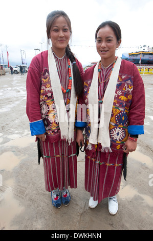 Sisters wearing Momba tribal dress, Tawang, Arunachal Pradesh, India, Asia Stock Photo