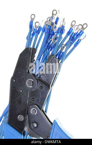 Blue electric wires with terminals and crimping tool Stock Photo