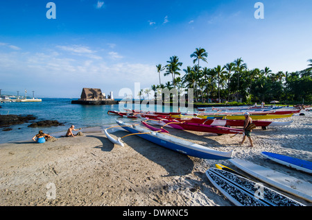 Outrigger boats on Kamakahonu beach, Kailua-Kona, Big Island, Hawaii, United States of America, Pacific Stock Photo