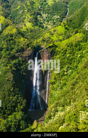 Aerial of a waterfall in the interior of Kauai, Hawaii, United States of America, Pacific Stock Photo