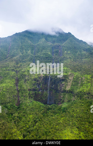 Aerial of a waterfall in the interior of Kauai, Hawaii, United States of America, Pacific Stock Photo