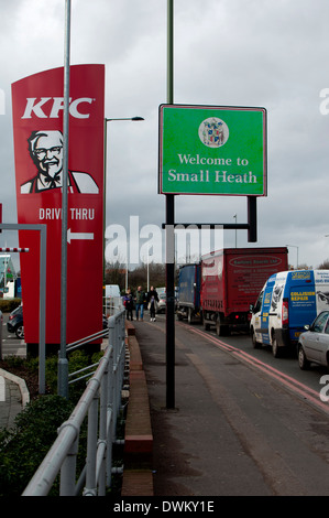 Welcome to Small Heath and KFC signs, A45 Coventry Road, Birmingham, UK Stock Photo