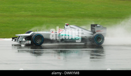 Michael Schumacher in the wet at the 2012 Formula 1 British Grand Prix, Silverstone, Northamptonshire, England, UK.