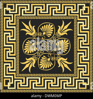 set Traditional vintage golden square Greek ornament (Meander) and floral pattern on a black background Stock Photo