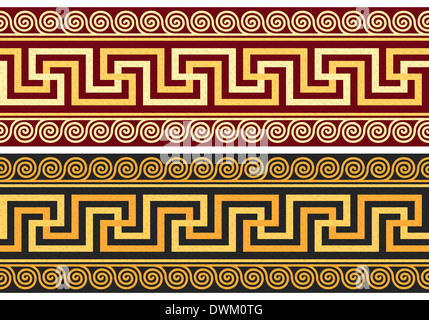 set frieze with vintage golden and blue Greek ornament (Meander) and floral pattern on a red and black background Stock Photo