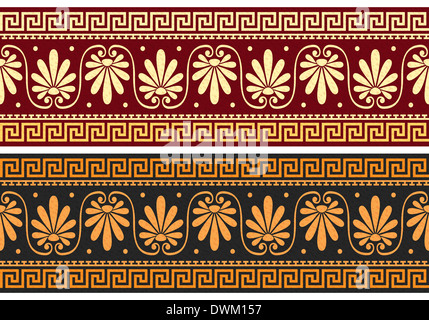 set frieze with vintage golden and blue Greek ornament (Meander) and floral pattern on a red and black background Stock Photo