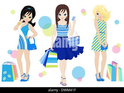 three fashion shopping girls with shopping bags Stock Photo