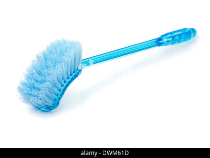 Blue long handled cleaning brush isolated on white Stock Photo