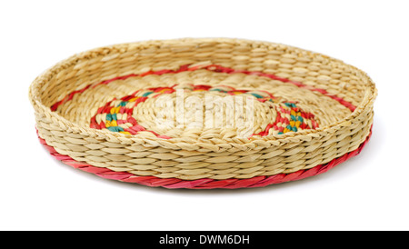 Empty round wicker tray isolated on white Stock Photo