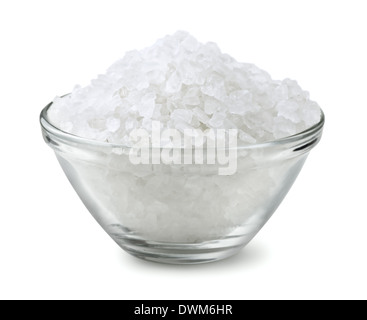 Glass bowl of salt isolated on white Stock Photo