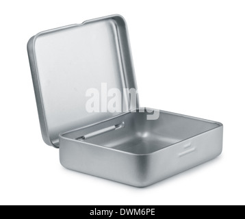Open empty metal box isolated on white Stock Photo