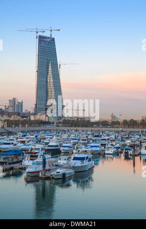 Souk Shark Shopping Center and Marina with new Central Bank of Kuwait in distance, Kuwait City, Kuwait, Middle East Stock Photo