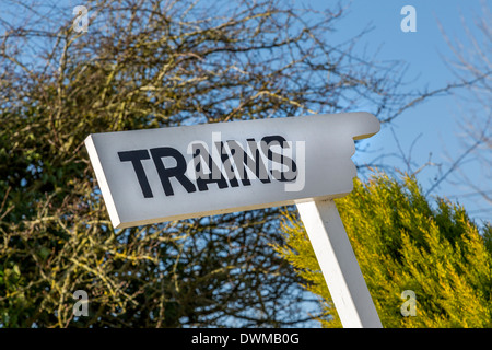 Trains sign at the Wymondham Abbey station, Mid Norfolk, Railway, UK Stock Photo