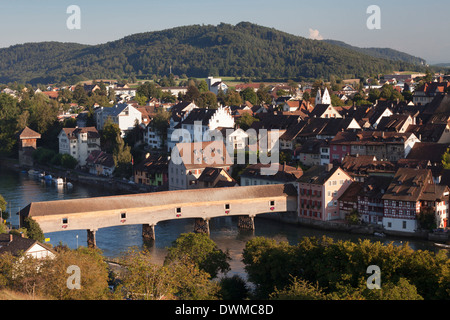View over Diessenhofen with historic wooden bridge, Canton Schaffhausen, Switzerland, Europe Stock Photo