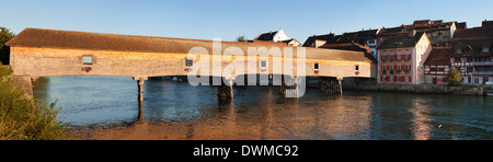 Panoramic image of the historic wooden bridge over the Rhine River, Diessenhofen, Canton Schaffhausen, Switzerland, Europe Stock Photo