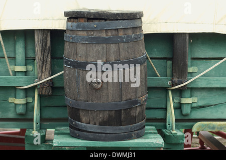 Water keg on a covered wagon replica on the Santa Fe Trail route, Council Grove, Kansas. Digital photograph Stock Photo