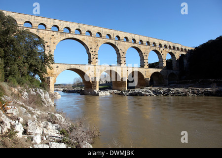 Roman aqueduct of Pont du Gard, UNESCO World Heritage Site, over the Gardon River, Gard, Languedoc-Roussillon, France, Europe Stock Photo