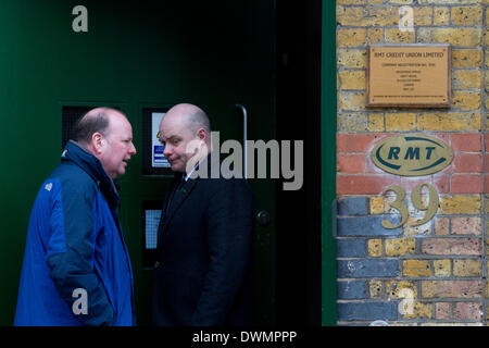 London UK. 11th March 2014. Assistant General Secretary  Steve Headley (Right) talks to a reporter  outside the RMT union headquarters after  the death of trade union leader Bob Crow aged 52 who died from a suspected heart attack in London Credit:  amer ghazzal/Alamy Live News Stock Photo