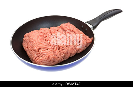 Fresh ground turkey meat in a small skillet on a white background. Stock Photo
