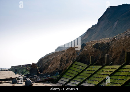 Landslide  mud slide Mundesley  costal erosion Norfolk mud cliffs breach costal defences Mundesley cliffs  at Little Marl Point. Stock Photo