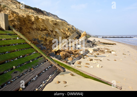 Landslide  mud slide Mundesley  costal erosion Norfolk mud cliffs breach costal defences Mundesley cliffs  at Little Marl Point. Stock Photo