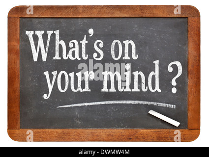 what is on your mind question handwritten with white chalk on blackboard, isolated on white Stock Photo