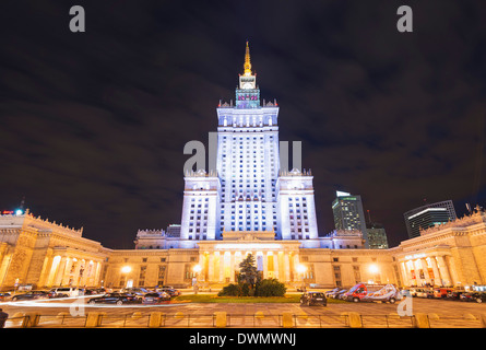 Palace of Culture and Science at night, Warsaw, Poland, Europe Stock Photo