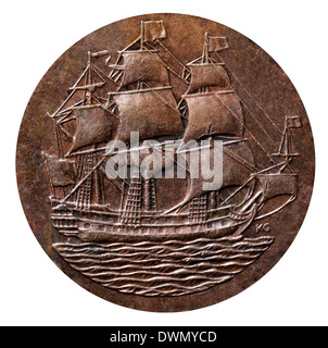 Sailing ship (Dromedaris), from 1 penny coin, South Africa, 1958, on white background Stock Photo