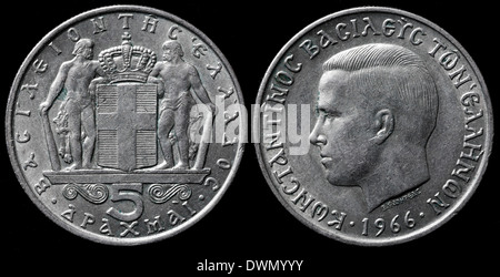 5 drachmai coin, King Constantine II, Greece, 1966 Stock Photo