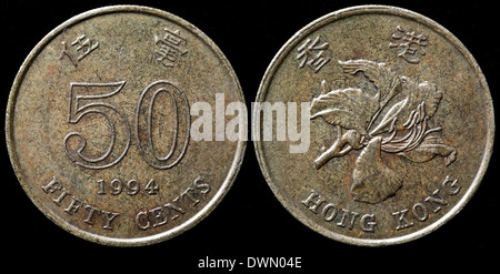 50 cents coin, Bauhinia flower, Hong Kong, 1994 Stock Photo