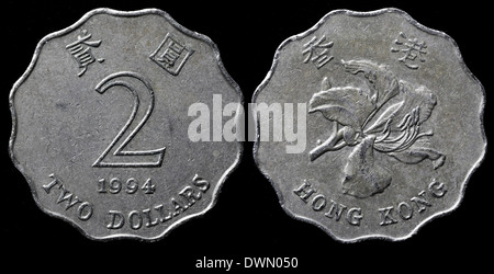 2 dollars coin, Bauhinia flower, Hong Kong, 1994 Stock Photo