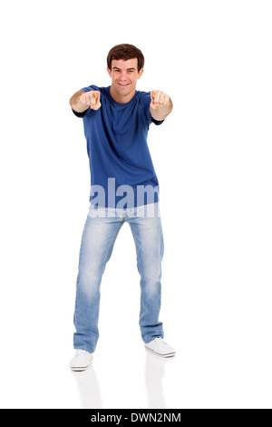 man pointing with both hands towards the camera isolated on white Stock Photo