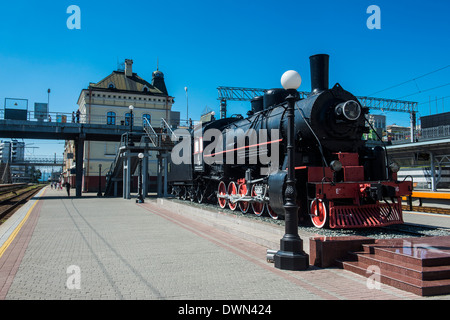 Old steam engine at the final railway station of the Trans-Siberian railway in Vladivostok, Russia, Eurasia Stock Photo