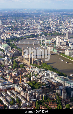 Aerial view of the Houses of Parliament, Westminster Abbey and London Eye, London, England, United Kingdom, Europe Stock Photo