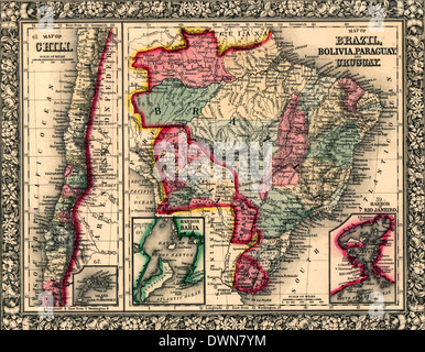 Maps Map of Brazil, Bolivia, Paraguay, and Uruguay ; Map of Chile, 1871 Stock Photo