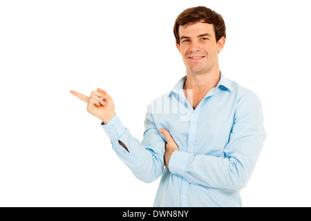 happy man pointing empty copy space over white background Stock Photo
