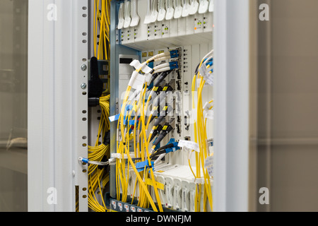 fiber optic data center with media converters and optical cables Stock Photo