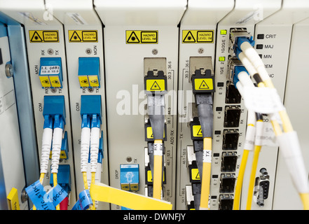 fiber optic data center with media converters and optical cables Stock Photo