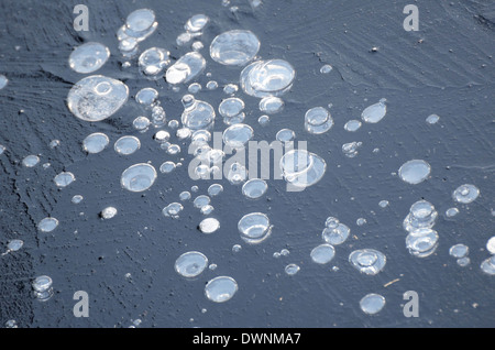 Air bubbles trapped in ice, Bavaria, Germany Stock Photo