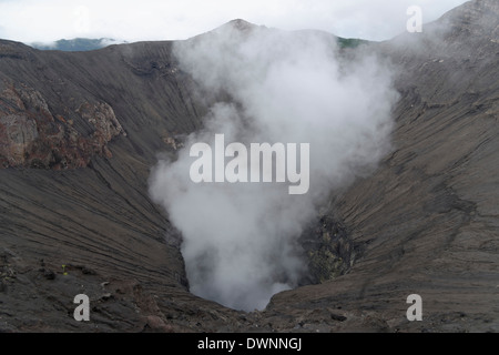 Volcano, rim of the crater, steam, Mount Bromo, Cemoro Lawang or Cemorolawang, Eastern Java, Indonesia Stock Photo