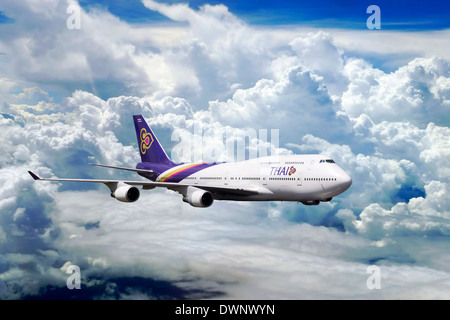 Boeing 747 from Thai Airways in flight Stock Photo